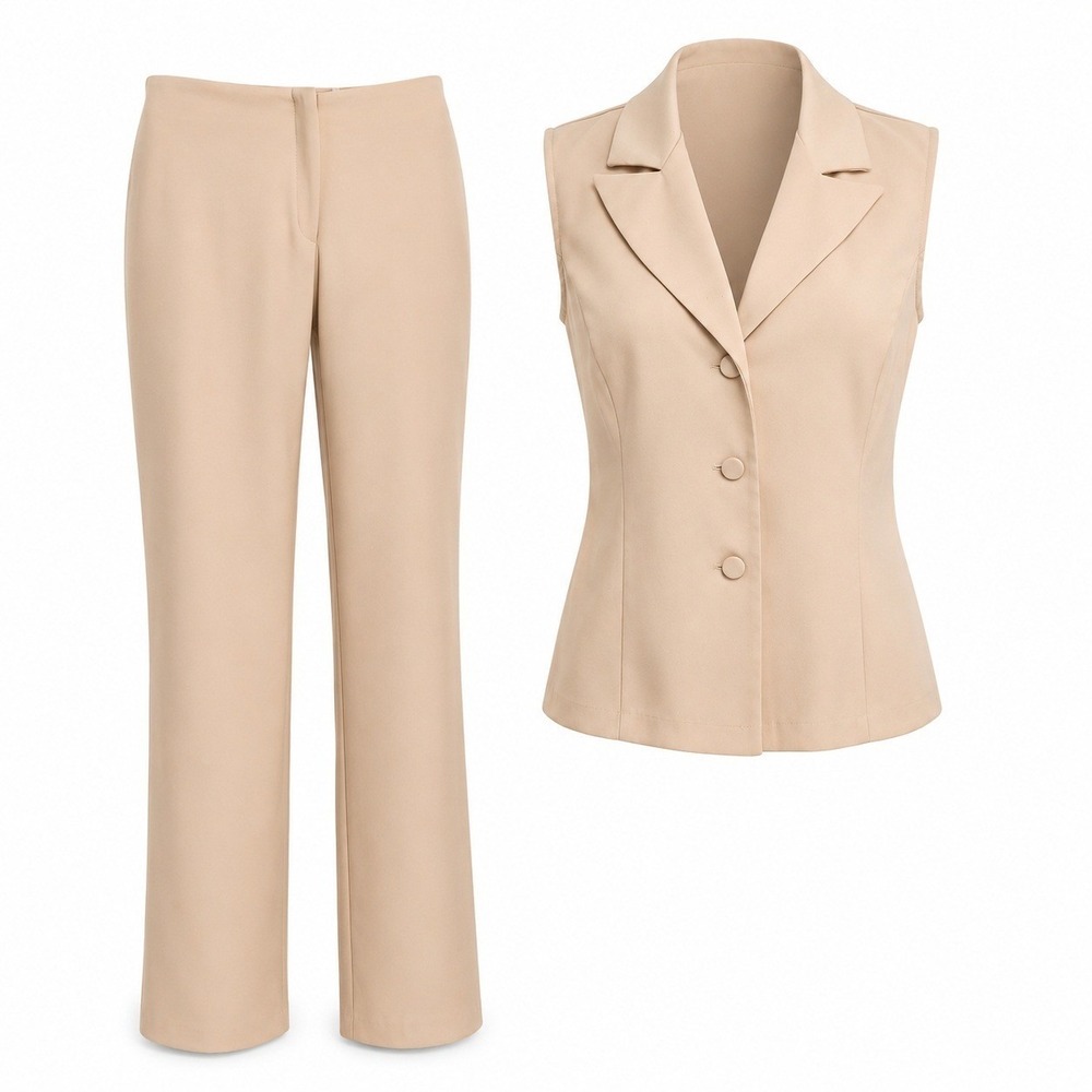 Alyn Paige Vintage Tan Sleeveless Vest and Pants Suit Set Size‎ M Made in USA